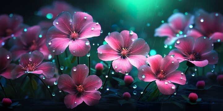 Pink flowers with water droplets, on dark green background. Wallpaper art, pattern for postcards and backgrounds neon lights