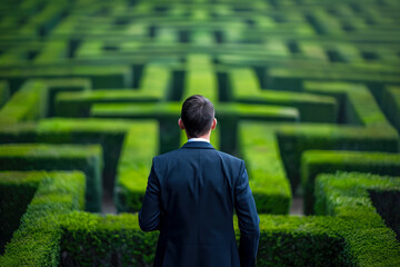 businessman standing at the entrance of a maze, looking at the path ahead - Powered by Adobe