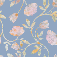 Seamless botanical abstract pattern drawn in watercolor on a light blue background for the design of wrapping paper, wallpaper, cards.