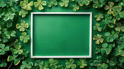 Saint Patrick's Day Green Background with Multiple 4-Leaf Clovers Of Green Colors. With A White Frame With Blank Space. Saint Patrick Template Background
