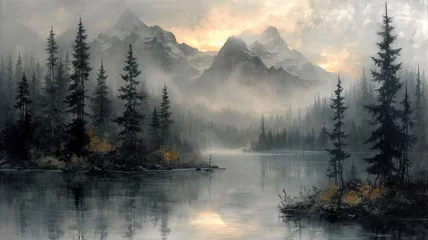 Verduisterende gordijnen Mistig bos Mist over the lake