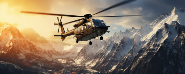 Helicopter sunset flight in moutains evening background. - obrazy, fototapety, plakaty