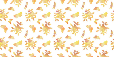 colorful watercolor pattern, seamless flowers and butterflies on a white background