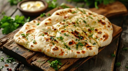 Indian naan bread with garlic butter on wooden table