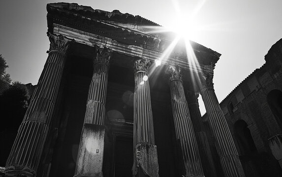 
Foto em tons de cinza de baixo ângulo de um antigo templo romano sob o sol brilhante