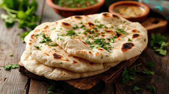 Indian naan bread on wooden table.