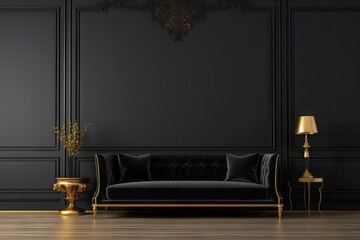 Empty black wall, gold accents, and columns,black luxury sofa, setting the stage for elite presentations,mock up..