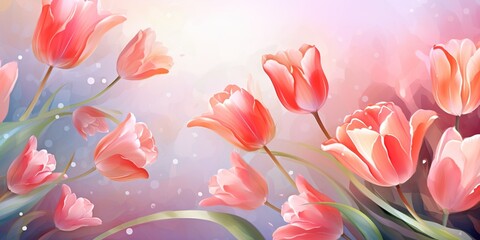 Spring tulips in watercolor style. Luxurious background for postcards, delicate flowers , neon