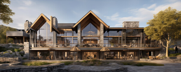 Obraz premium Wooden modern chalet in alps mountains. Super modern houses or huts with big windows