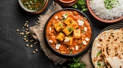 Paneer Butter Masala or Cheese Cottage Curry served with rice and laccha paratha