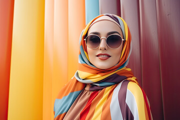modern colorful stylish outfit of a muslim hijab woman in dynamic shot happy and positive for modest trendy arab women fashion with copysapce area - Generative AI 