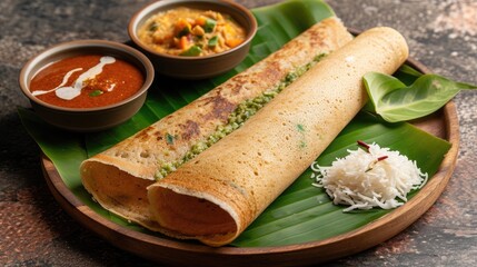 Ragi Dosa, healthy south Indian breakfast item arranged on a round wooden base lined with banana leaf and coconut chutney placed beside it.