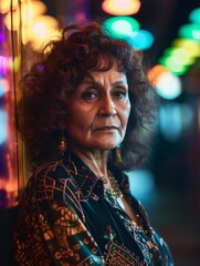 Old Persian Woman with Brown Curly Hair vintage photo. Portrait of a person in 1980s aesthetics. Punk fashion. Historic photo Ai Generated Photorealistic Vertical Image.