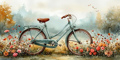 Fototapeta na wymiar Watercolor green bycicle with flowers. Wedding floral bycicle