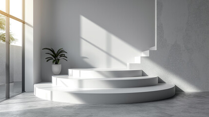 Minimalistic white interior with stairs and plants. Abstract architecture background, empty white interior with shadow on the wall.
