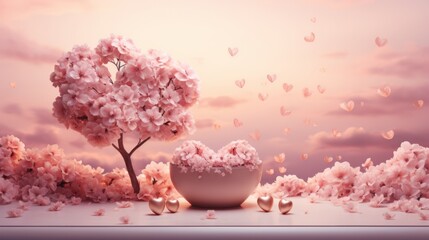 Pink volumetric heart, bonsai with pink flowers and pink petals against the blurred sky background with bokeh effect. Valentine's Day concept.