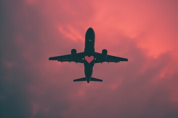 Fototapeta na wymiar illustration outline of an airplane and heart on pink background, in the style of snapshot aesthetic,