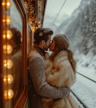 As the snow fell outside the train window, the woman's lips met the man's in a passionate winter kiss, their love for each other igniting like a roaring fire in the cold outdoor air