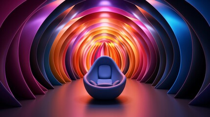 Futuristic armchair in spherical empty room with volumetric colorful wall. Abstract interior with bright neon colors. 3D rendering.