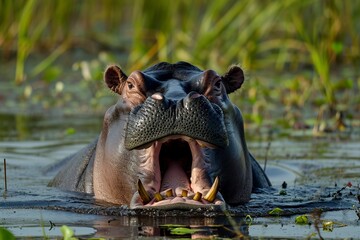 Fototapeta premium illustration, a hippopotamus opens its mouth in the pond