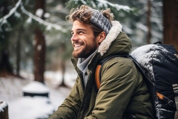 Portrait of young male tourist in outerwear with backpack against snowy spruces. Smiling Caucasian bearded man in winter forest. - Powered by Adobe