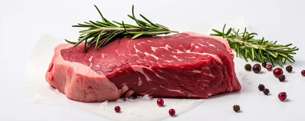 Foto op Plexiglas Raw beef steak on white background with salt pepper and herbs. © Alena
