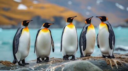 A majestic gathering of diverse penguin species, each with their unique beaks and vibrant feathers, standing proudly on rocky terrain, embodying the beauty and resilience of wildlife in their natural