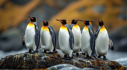 Obraz premium A regal gathering of flightless penguins, adorned in their distinctive black and white coats, stand tall on a rocky outcrop amidst the vastness of the ocean, showcasing the resilience and beauty of t