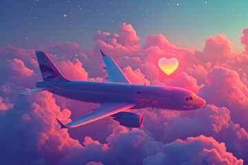 Fototapeta premium illustration outline of an airplane and heart on pink background, in the style of snapshot aesthetic,