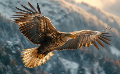 A majestic bald eagle soars through the wintry sky, its sharp beak and powerful wings embodying the untamed beauty of nature's soaring creatures