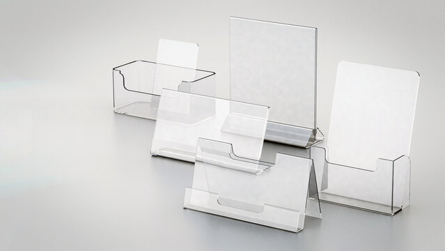 Plexiglass acryclic brochure hoders isolated on white background. 3D illustration