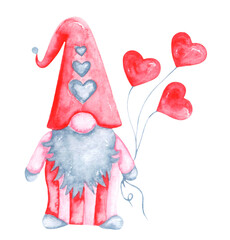 Gnome with balloons. Watercolor illustration. Hearts. Romance, love, Valentine's Day, Birthday. Pink, red, gray colors. For printing on greeting cards, stickers, fabric, t-shirts