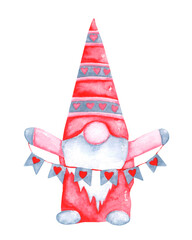 Valentine's gnome watercolor illustration. Gnome with flags. Romance, love, Valentine's Day, Birthday. Pink, red, gray colors. For printing on greeting cards, stickers, fabric, t-shirts