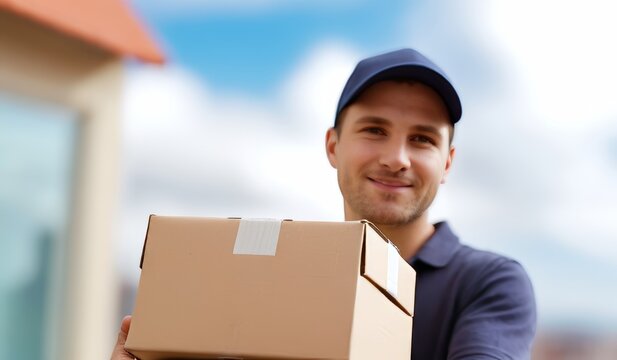 Close-up of a confident delivery man with a friendly smile, holding a cardboard package, ensuring reliable and prompt service