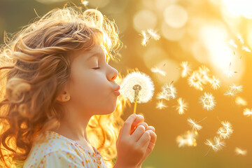 child blowing dandelion seeds and making wishes