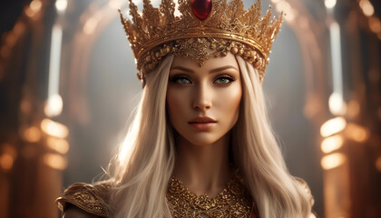 Beautiful queen. Fantastic queen in a golden crown. Lush hair. Gold clothes. Selective focus. AI generated
