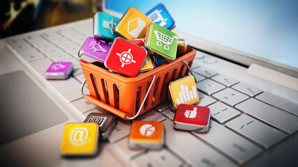 Stack of digital apps inside shopping basket standing on laptop keyboard. 3D illustration - obrazy, fototapety, plakaty