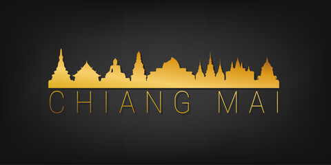 Chiang Mai, Thailand Gold Skyline City Silhouette Vector. Golden Design Luxury Style Icon Symbols. Travel and Tourism Famous Buildings. - obrazy, fototapety, plakaty