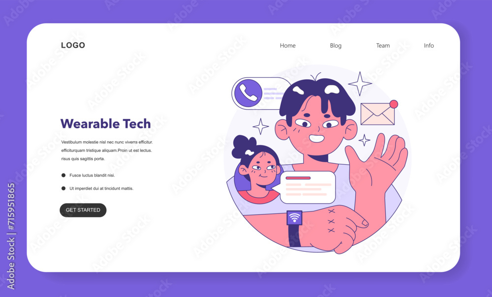 Poster wearable technology web banner or landing page. smart device. character using electronic device to m