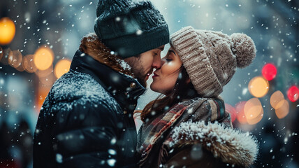 couple kissing outdoors in winter