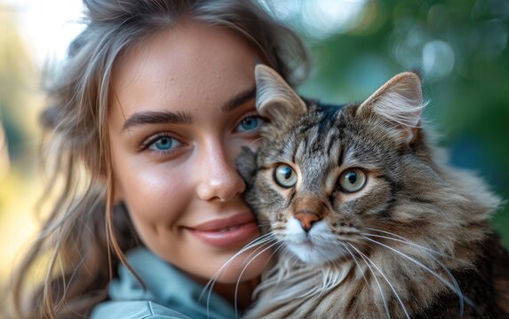 A woman's beaming smile illuminates her face as she holds a contented domestic cat, its soft fur blending with her own skin in a serene outdoor portrait
