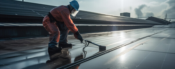 Cleaning solar panel on the roof. Worker in protective suit is cleaning ekological solars panel close up.