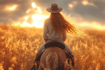 A fearless cowgirl, donning her trusty cowboy hat and sun hat, gallops through a vast field of golden grass as the sun sets in a stunning display of colors