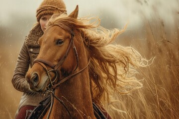 A powerful mare gallops through the countryside, her brown sorrel coat glistening in the sun as she proudly displays her flowing mane and sturdy frame, adorned with a halter and other horse supplies,