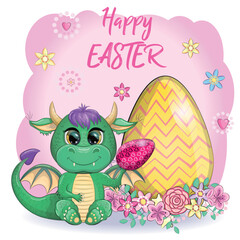 Cute cartoon green baby dragon with an easter egg. Symbol of 2024 according to the Chinese calendar