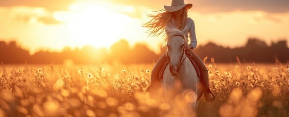 A woman gracefully rides her horse through a sun-kissed field, the golden grass swaying in the warm summer breeze as the vibrant sky above sets the perfect backdrop for this picturesque outdoor scene