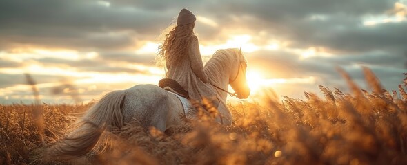 Under a golden sunset sky, a woman gracefully gallops on her horse through a lush field of grass and wild plants, embodying the freedom and beauty of nature