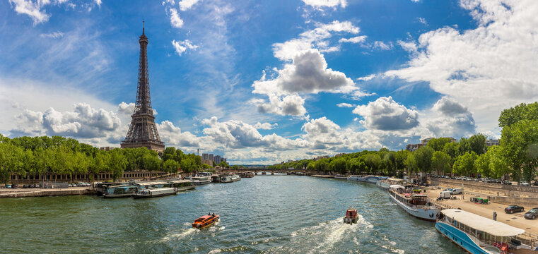 Panorama of Eiffel tower and Seine river in Paris, France