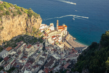 Italian Village on the sea shore in the valley among mountains