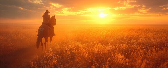 Fototapeta premium As the sun sets on the horizon, a lone figure on horseback traverses through a sea of vibrant flowers, surrounded by the beauty of nature and the open sky above